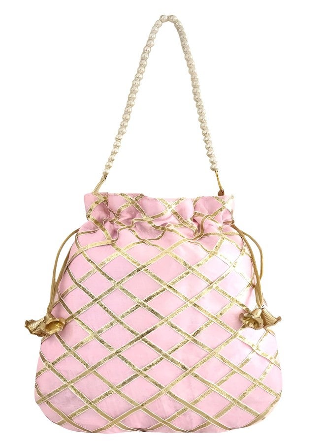 داتشيس حقيبة يد نسائية من دوقة، مزينة بتطريز غوتا باتي باللون الوردي، مع مقبض من اللؤلؤ (عبوة من 5 قطع) - Image 4